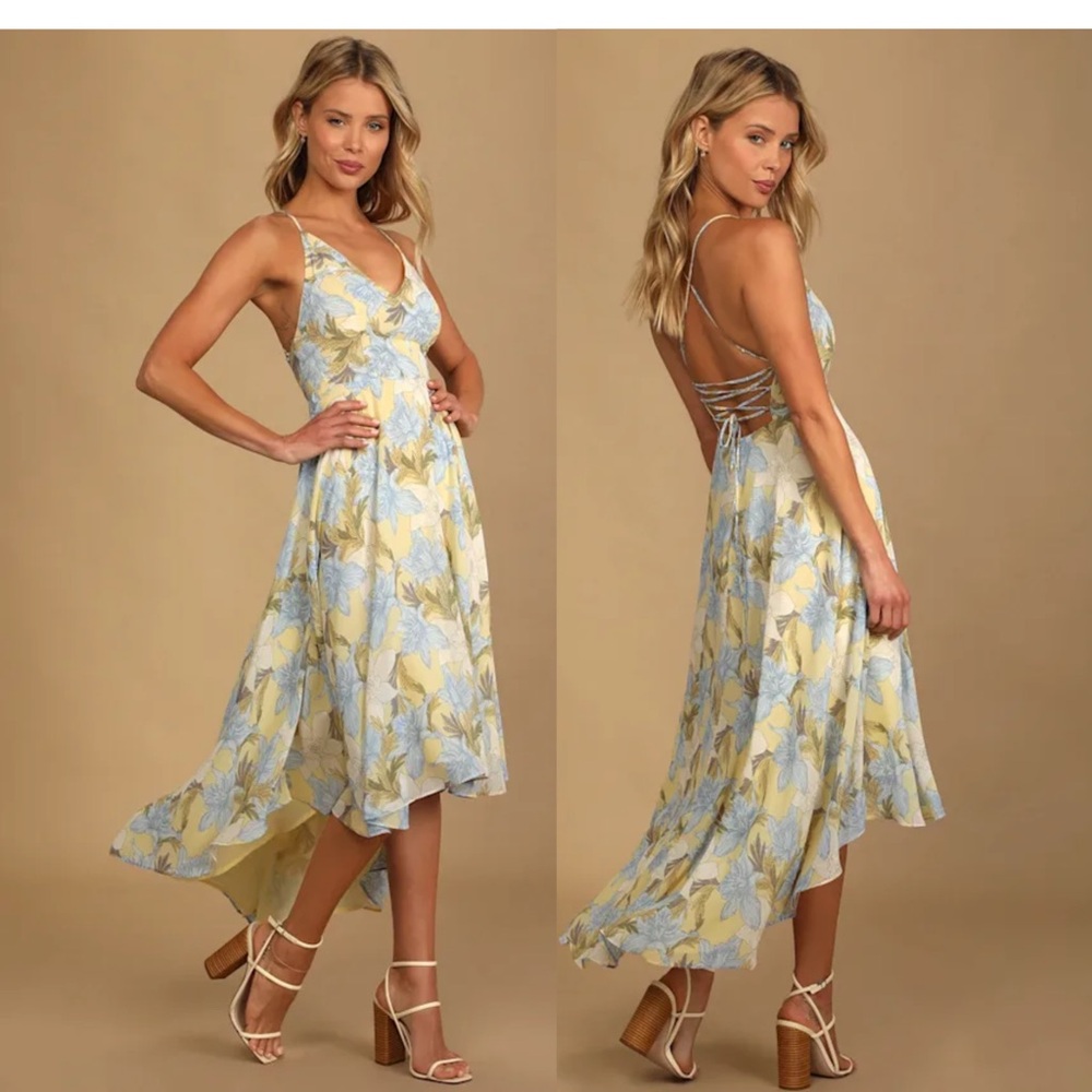 NWT Lulus Pastel Yellow and Blue Lily Floral Lace-Up High Low Dress